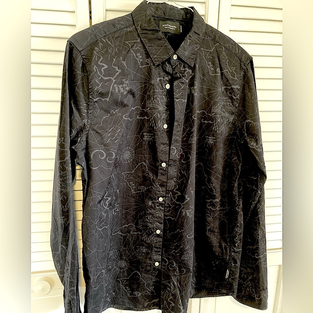 Navy blue Scotch and Soda “celestial” patterned shirt.